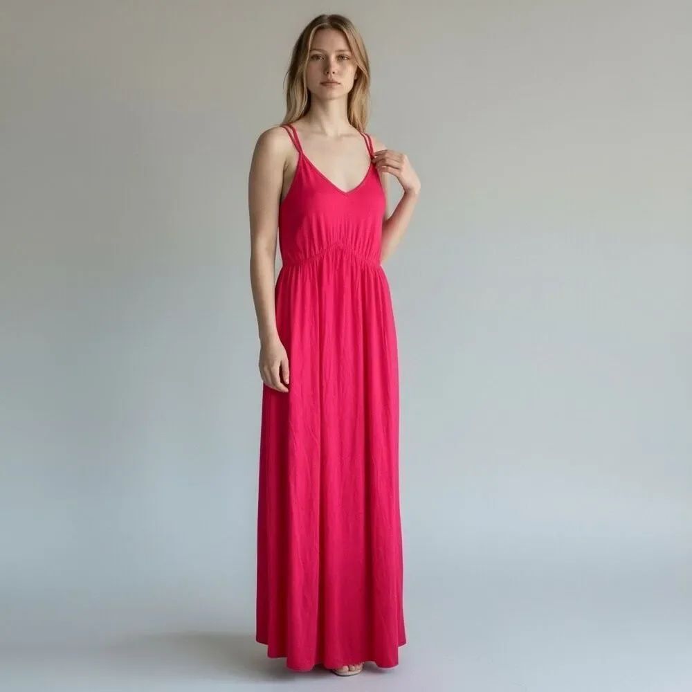 Armani Exchange Solid Pink V Neck Sleeveless Cotton Blend Maxi Dress Size M